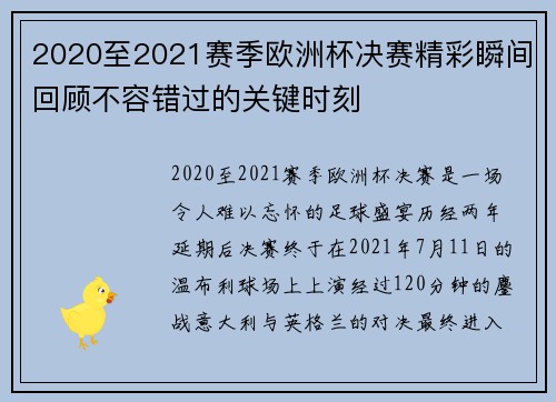 2020至2021赛季欧洲杯决赛精彩瞬间回顾不容错过的关键时刻