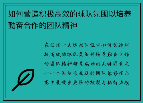 如何营造积极高效的球队氛围以培养勤奋合作的团队精神