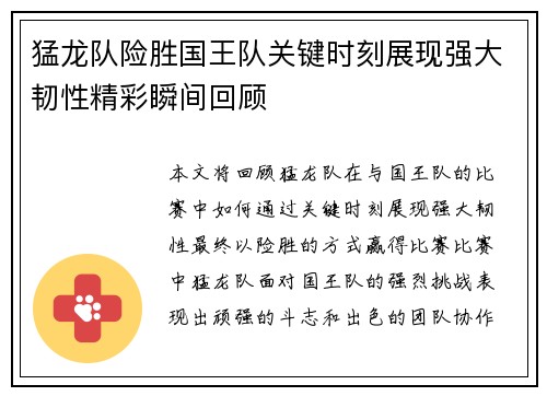 猛龙队险胜国王队关键时刻展现强大韧性精彩瞬间回顾